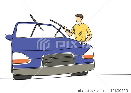 Single continuous line drawing a man holds a car wiper with both hands. Checking everything important to keep it working. Service. National Check Your Wipers Day. One line design vector illustration 133850553