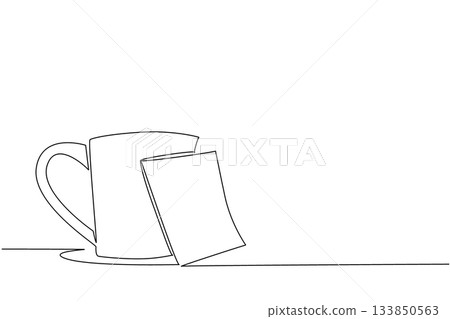 Continuous one line drawing mug glass with memo paper attached. Still make time to drink plenty during busy times. A glass of hot coffee. National Memo Day. Single line draw design vector illustration 133850563