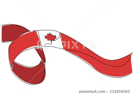 Single continuous line drawing ribbon curve with the Canadian flag in the middle. Respect for the queen. Holidays as a form of respect. Festival. Victoria Day. One line design vector illustration 133850565