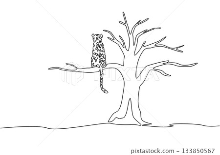 Continuous one line drawing leopard sitting on dry tree branch. Environmental damage everywhere. Extinction is imminent. National Endangered Species Day. Single line draw design vector illustration Continuous one line drawing leopard sitting on dry tree branch. Environmental damage everywhere. Extinction is imminent. National Endangered Species Day. Single line draw design vector illustration 133850567