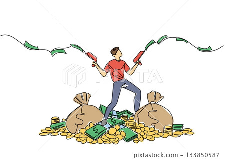 Continuous one line drawing a man stands on a pile of money holds gun that shoots out banknotes in both hands. Sharing in a unique way Be a Millionaire Day. Single line draw design vector illustration 133850587