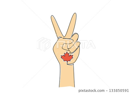 Single one line drawing a hand forms a V gesture and the palm of the hand has the Canadian country logo. A holiday to celebrate history. Victoria Day. Continuous line design graphic illustration Single one line drawing a hand forms a V gesture and the palm of the hand has the Canadian country logo. A holiday to celebrate history. Victoria Day. Continuous line design graphic illustration 133850591