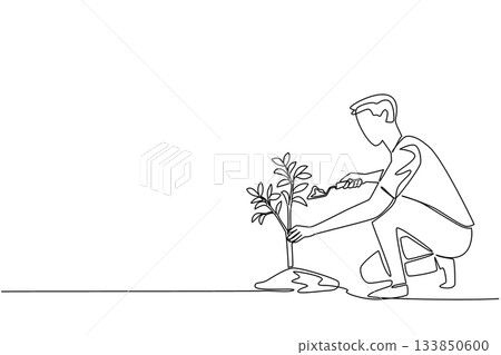 Single one line drawing woman is planting a lemon tree on the ground. Planting young trees slowly. Young farmer. Vitamin rich fruit. Plant a Lemon Tree Day. Continuous line design graphic illustration Single one line drawing woman is planting a lemon tree on the ground. Planting young trees slowly. Young farmer. Vitamin rich fruit. Plant a Lemon Tree Day. Continuous line design graphic illustration 133850600