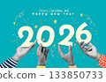 diversity people hands holding number of year 2026, Merry Christmas and Happy new year, collage style. design for poster, banner, greeting and celebration. 133850733