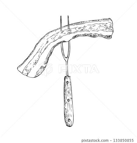 Vector bacon strip on meat fork. Graphic ink kitchen tool illustration for barbecue, isolated on background. Hand drawn line sketch. For designers, prints, logo, icon, menu, postcards, holiday, covers Vector bacon strip on meat fork. Graphic ink kitchen tool illustration for barbecue, isolated on background. Hand drawn line sketch. For designers, prints, logo, icon, menu, postcards, holiday, covers 133850855