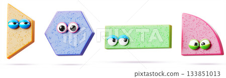 Cute math figures, geometric shapes 3d characters with eyes. Abstract trapezium, hexagon, rectangle and quadrant of quarter circle with different emotions, isolated cartoon render set. 3D illustration Cute math figures, geometric shapes 3d characters with eyes. Abstract trapezium, hexagon, rectangle and quadrant of quarter circle with different emotions, isolated cartoon render set. 3D illustration 133851013