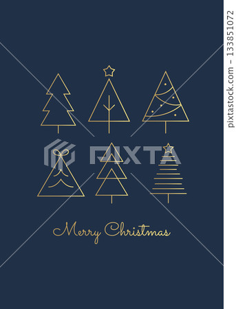 Minimal Christmas Card with Gold Line Trees on Dark Blue Background. Elegant Holiday Greeting 133851072