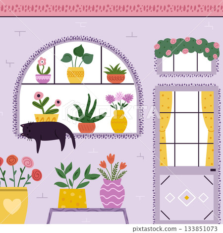 Cute Indoor Flower Shop Illustration with Cat and Colorful Potted Plants in Cozy Room 133851073