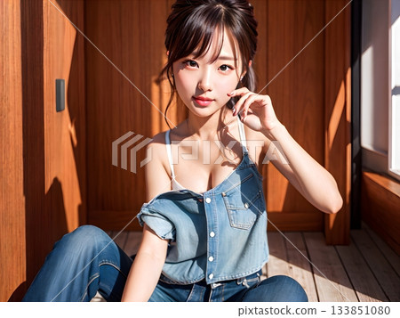 一位年輕女子在一棟老房子的走廊上用智慧型手機打電話 一位年輕女子在一棟老房子的走廊上用智慧型手機打電話 133851080