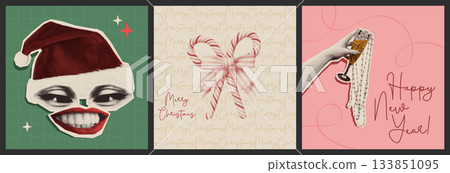 Halftone Christmas cards set with vintage paper stickers Halftone Christmas cards set with vintage paper stickers 133851095