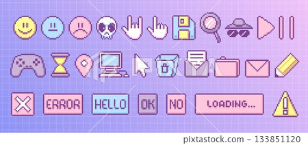 Y2k pixel icon set with retro game ui elements 133851120