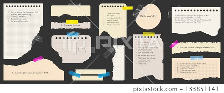 Paper notes set with torn edges and colorful tape Paper notes set with torn edges and colorful tape 133851141