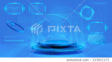 Hologram tech podium with neon light portal Hologram tech podium with neon light portal 133851171