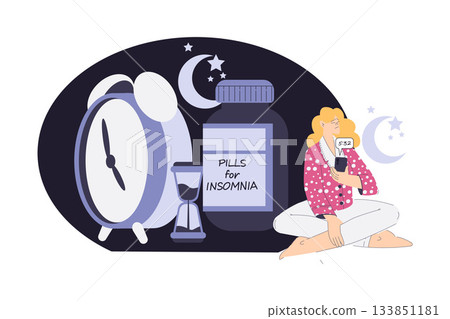 Sleepless Woman at Night Suffer from Insomnia Vector Illustration 133851181