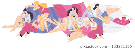 Sleepy Female Character on Soft Pillow Enjoy Night Rest Vector Illustration 133851190
