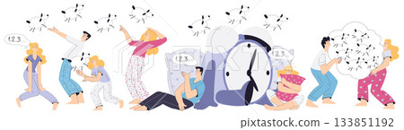 Sleepless Man and Woman at Night Suffer from Insomnia Count Sheep Vector Set Sleepless Man and Woman at Night Suffer from Insomnia Count Sheep Vector Set 133851192