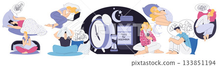 Sleepless Man and Woman at Night Suffer from Insomnia Vector Set 133851194