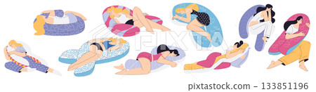 Woman Sleep Embracing Soft Pillow Have Sweet Dreams Vector Illustration Set 133851196