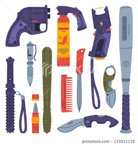 Self-defense Tool and Equipment for Protection Vector Set Self-defense Tool and Equipment for Protection Vector Set 133851239
