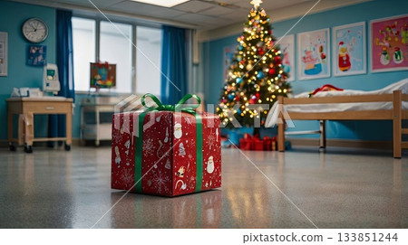 A festively wrapped Christmas gift box on the floor of a children's hospital or medical office. The concept of charity, holiday support, pediatric care, and a festive atmosphere in medical facilities. 133851244