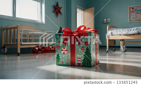 A festively wrapped Christmas gift box on the floor of a children's hospital or medical office. The concept of charity, holiday support, pediatric care, and a festive atmosphere in medical facilities. A festively wrapped Christmas gift box on the floor of a children's hospital or medical office. The concept of charity, holiday support, pediatric care, and a festive atmosphere in medical facilities. 133851245