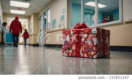 A festively wrapped Christmas gift box on the floor of a children's hospital or medical office. The concept of charity, holiday support, pediatric care, and a festive atmosphere in medical facilities. A festively wrapped Christmas gift box on the floor of a children's hospital or medical office. The concept of charity, holiday support, pediatric care, and a festive atmosphere in medical facilities. 133851247