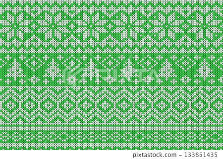 Knitted green white textile is showing holiday snowflake diamond tree motifs in flat design Knitted green white textile is showing holiday snowflake diamond tree motifs in flat design 133851435