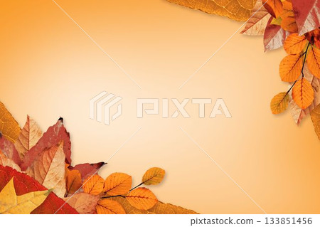 Decorating orange gradient backdrop with autumn leaves border in flat design, copy space Decorating orange gradient backdrop with autumn leaves border in flat design, copy space 133851456