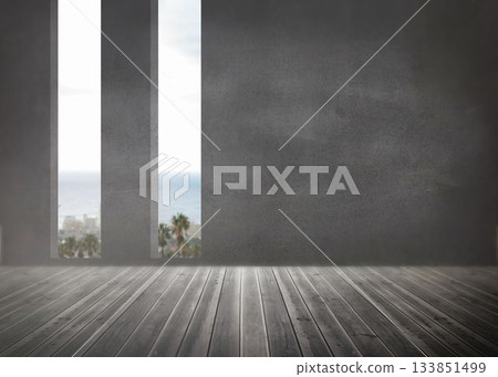 Grey room with windows showing the ocean 133851499