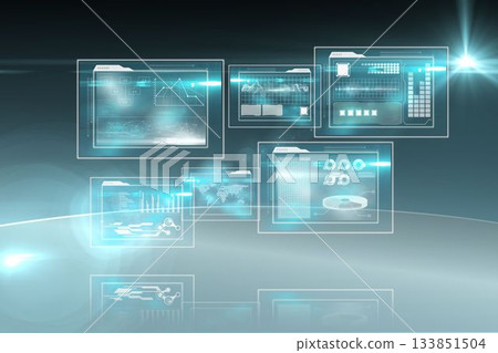 Holographic panels are floating over platform in futuristic UI and displaying line graphs and map Holographic panels are floating over platform in futuristic UI and displaying line graphs and map 133851504