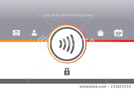 Composition of log in to pay with touch pay text with icons on grey backrgound Composition of log in to pay with touch pay text with icons on grey backrgound 133851533