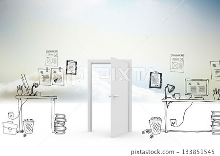 Doodle office in clouds with door Doodle office in clouds with door 133851545