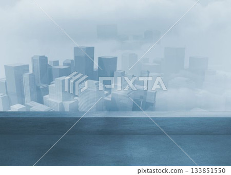 City skyline is emerging through dense fog above smooth concrete terrace in flat design style City skyline is emerging through dense fog above smooth concrete terrace in flat design style 133851550