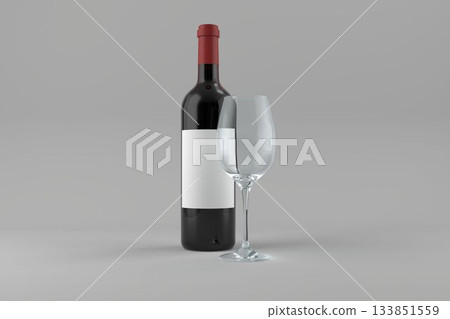 Wine bottle with label against gray background 133851559
