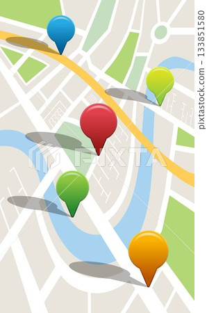 Multi colored navigation pointers on map Multi colored navigation pointers on map 133851580