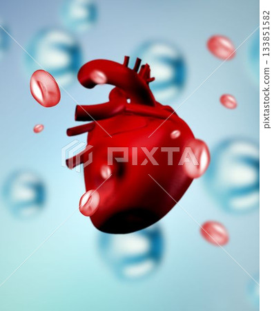 3D red heart is floating in abstract medical space showing blood cells and translucent blue spheres 133851582