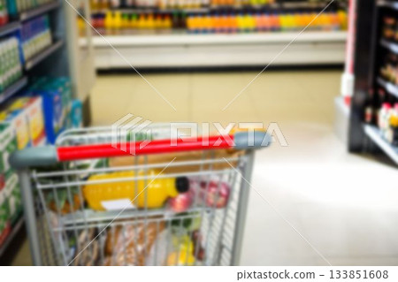 Grocery in shopping cart at supermarket Grocery in shopping cart at supermarket 133851608