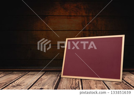 Blank wooden-framed chalkboard leaning against dark plank wall and floor in flat design Blank wooden-framed chalkboard leaning against dark plank wall and floor in flat design 133851639