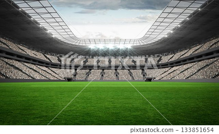 Flat design showing panoramic sports stadium with grass pitch, curved roof, floodlights, cloudy sky Flat design showing panoramic sports stadium with grass pitch, curved roof, floodlights, cloudy sky 133851654