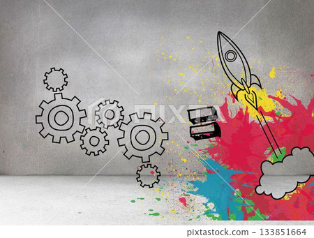 Cogs and rocket on grey wall 133851664