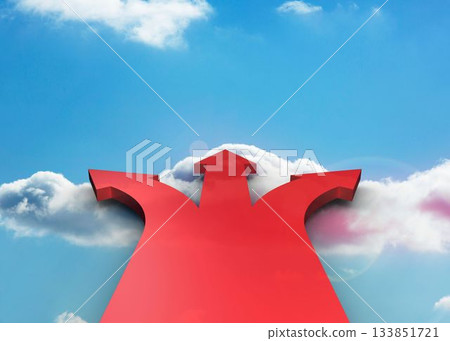 Red joined arrows pointing against sky Red joined arrows pointing against sky 133851721