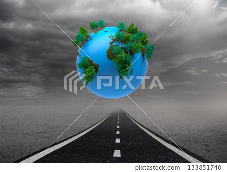 Digitally generated earth floating over street 133851740