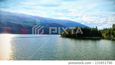 Idyllic view of river by mountains 133851790