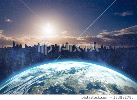 Picture of the earth in front of a city Picture of the earth in front of a city 133851793