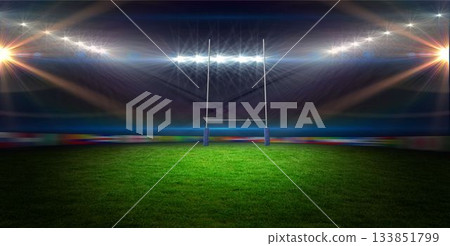 Flat design grass field glowing with floodlights, showing H goalposts with blue pads and ad boards Flat design grass field glowing with floodlights, showing H goalposts with blue pads and ad boards 133851799