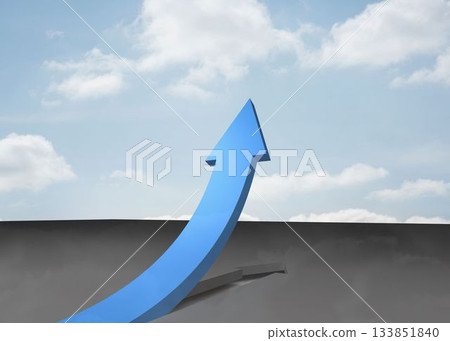 Blue curved arrow pointing up against sky Blue curved arrow pointing up against sky 133851840
