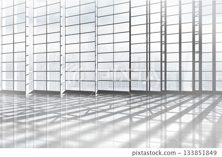 Room with large window overlooking city 133851849