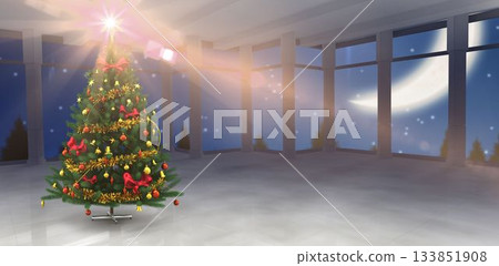 Christmas tree is glowing in vector hall with star topper and floor reflections under night sky 133851908