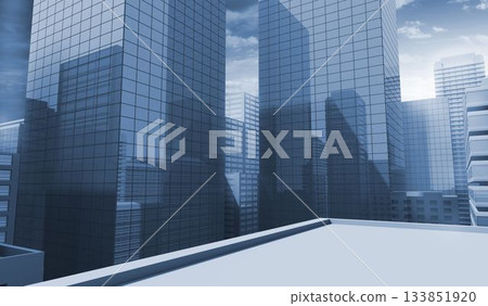 Flat design reflective glass skyscrapers standing beyond rooftop parapet wall in downtown 133851920