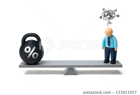 Difficulty getting out of debt. An office worker is tired of paying off debt. Financial stress , personal budgeting, loan restructuring and economic wellbeing. 133851937
